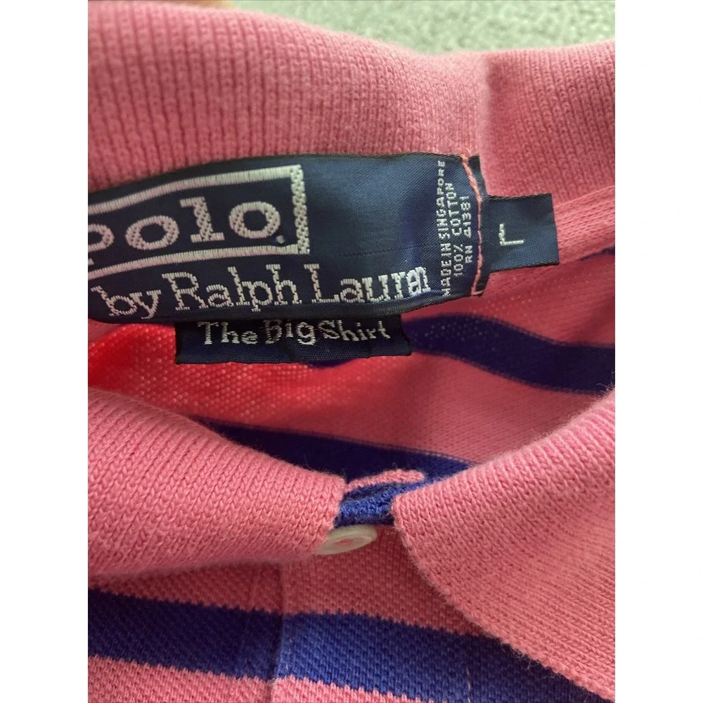 Vintage Polo Ralph Lauren The Big Shirt Size Large Pink Navy Blue Stripe Pony